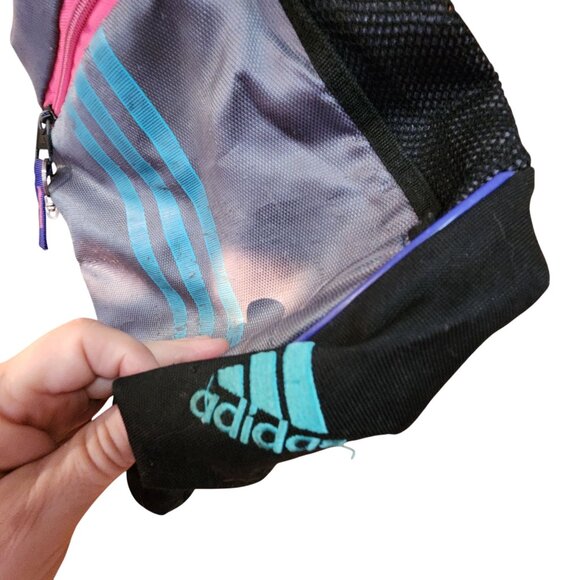 Adidas Gym Sack Drawstring Bag Pink Ropes Black W/ Blue Stripes & Mesh Pockets P - Picture 2 of 6